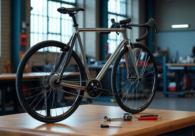 Bicycle components organized on a professional workbench
